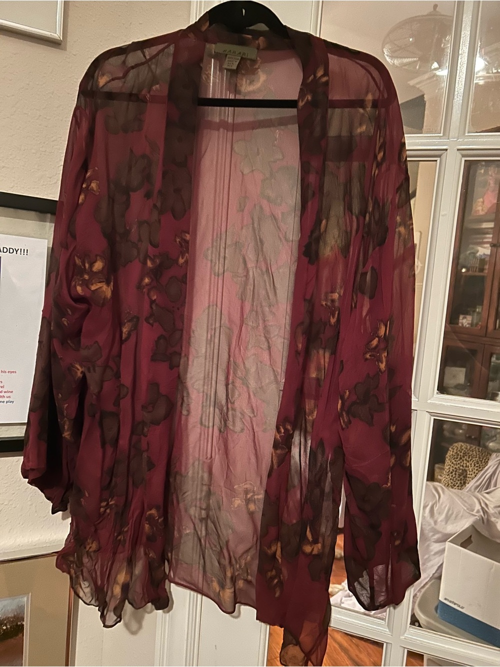 Vintage Harari 100% silk Sheer Floral Kimono Cardigan - Burgundy